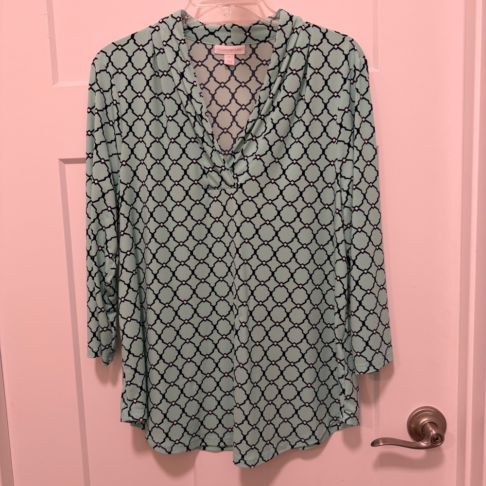 Charter Club Womens Mint Green Geometric Trellis V-Neck 3/4 Sleeve Top Large